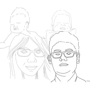 Ibu Diah's final design. There are four faces, a man and a woman both with glasses in front of two babies.